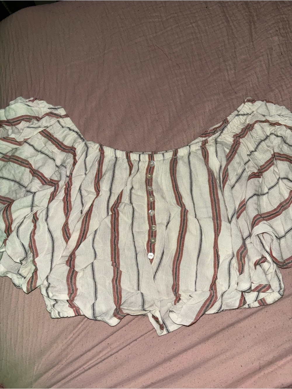 Angie White Off-Shoulder Crop Top with Rust and Charcoal Stripes